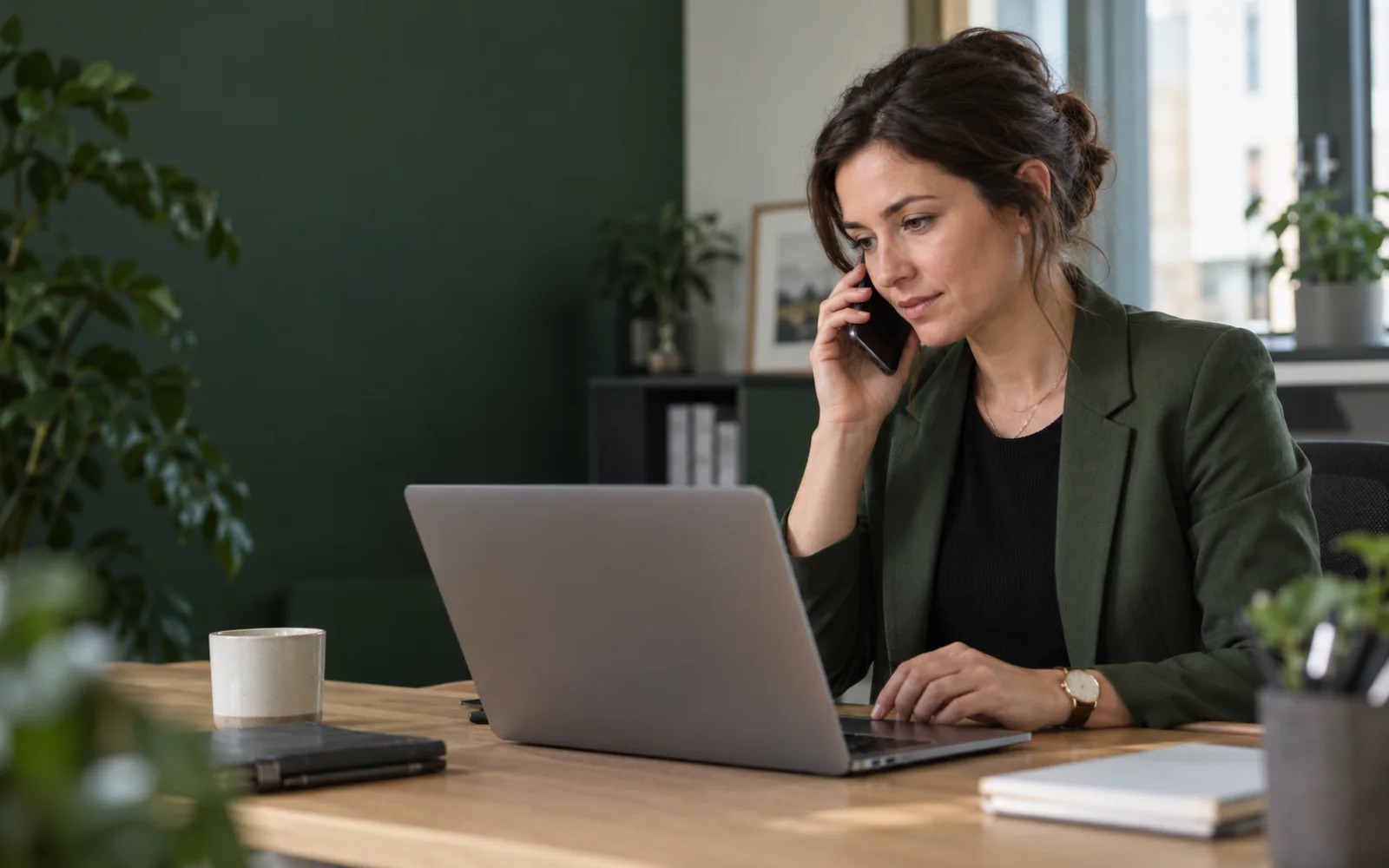 Eine Mitarbeiterin bespricht eine verdächtige E-Mail telefonisch mit der IT.