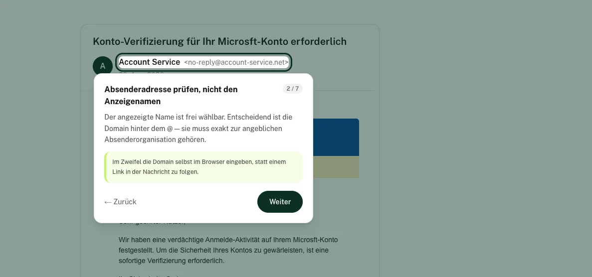 Geführte Tour markiert die Absenderadresse als Warnsignal in der Simulations-E-Mail