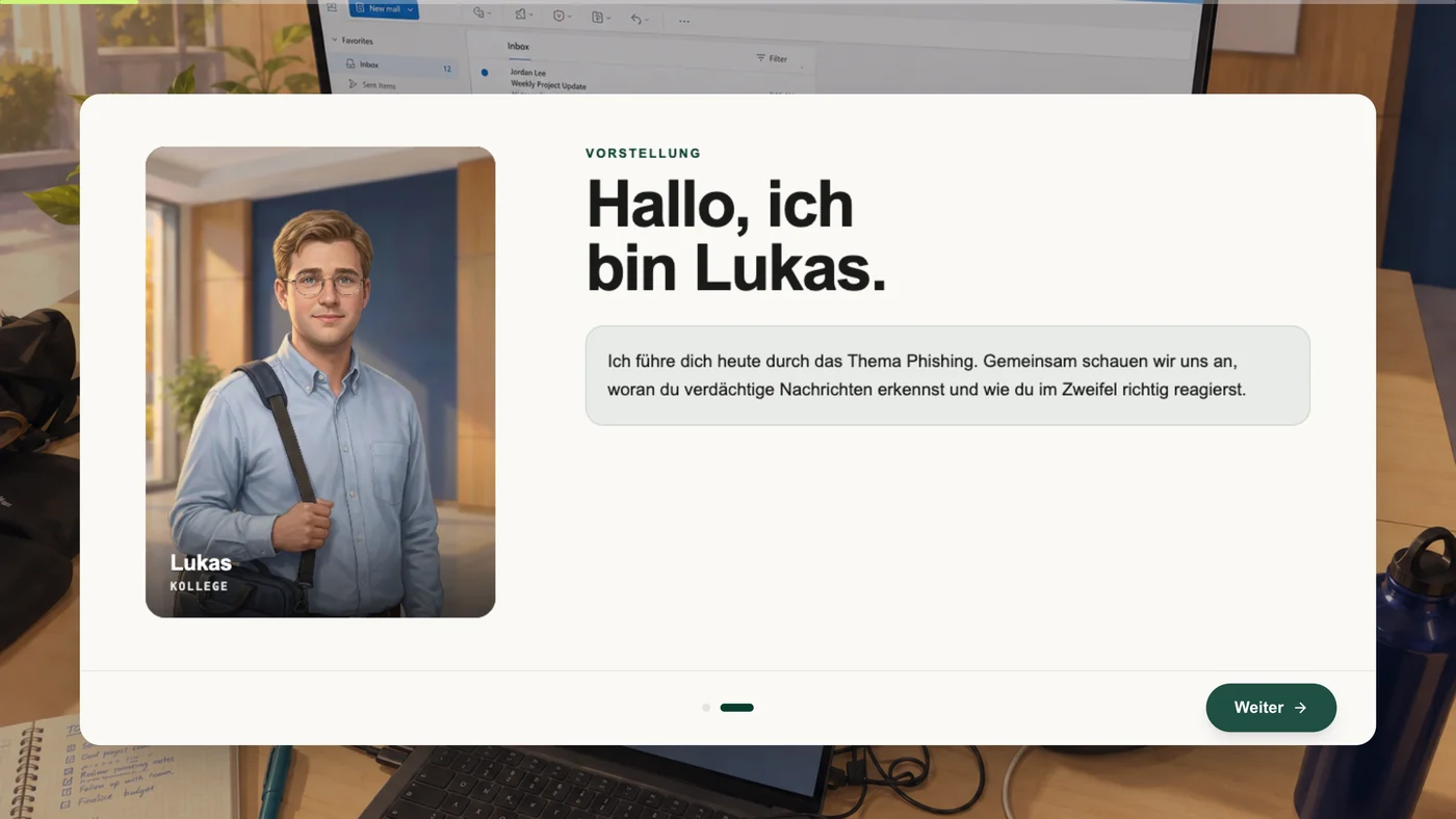 Start des Microlearnings zu Phishing: der Modulbegleiter Lukas kündigt an, woran sich verdächtige Nachrichten erkennen lassen