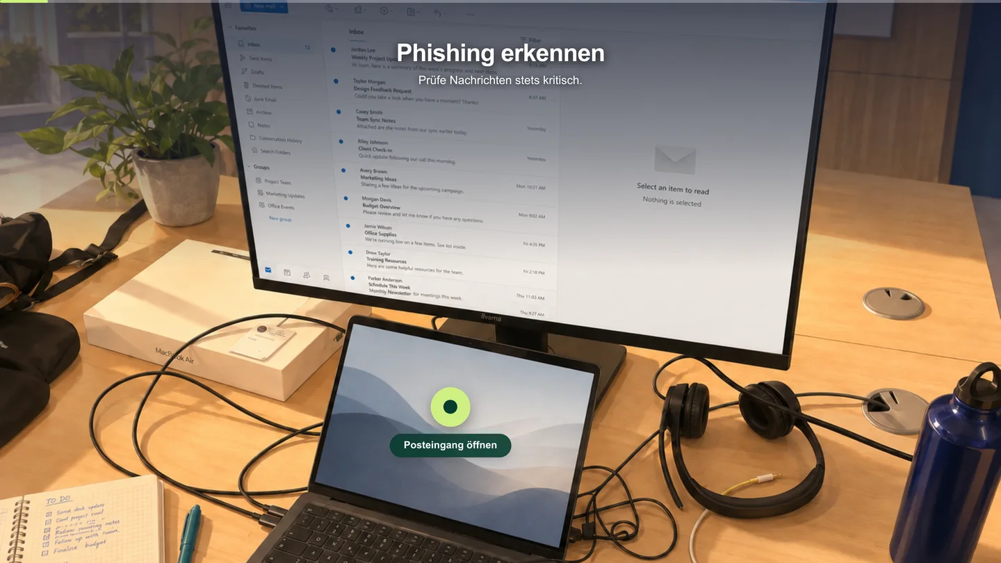 Modulstart im Arbeitsumfeld: Posteingang am Arbeitsplatz mit dem Hinweis, Nachrichten kritisch zu prüfen