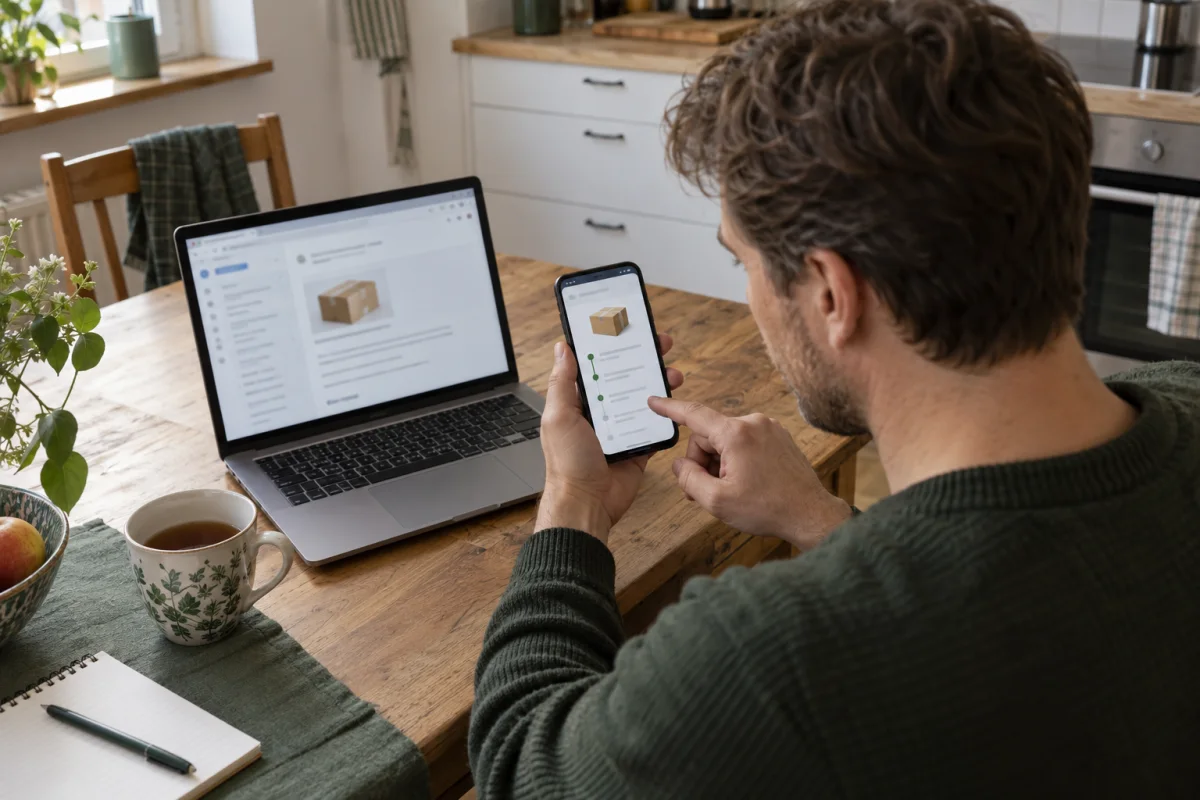 Eine Person vergleicht zu Hause eine E-Mail am Laptop mit Angaben am Smartphone.