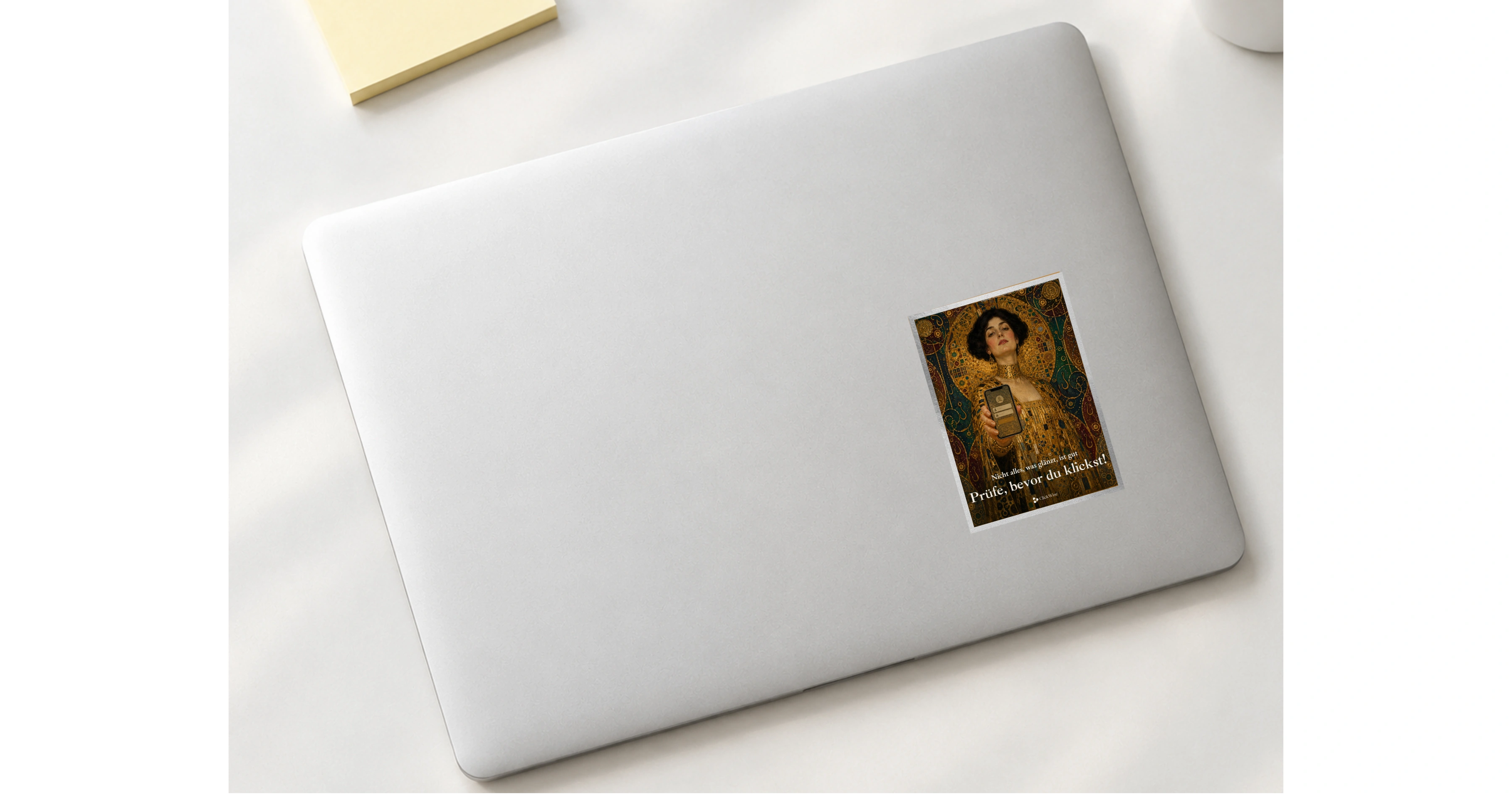 Goldener Klimt-inspirierter Sticker auf einem geschlossenen Laptop
