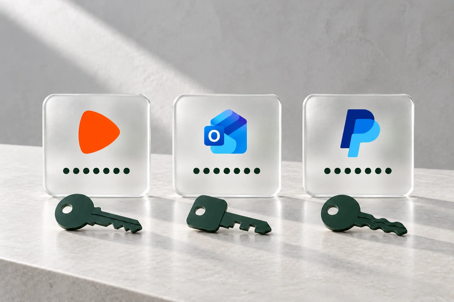 Die Logos von Zalando, Microsoft Outlook und PayPal mit jeweils einem eigenen, unterschiedlich geformten Schlüssel.