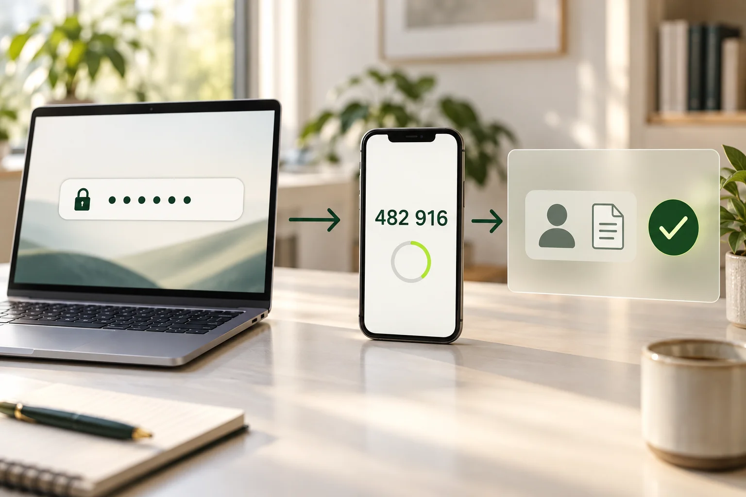 Passwort am Laptop, App-Code am Smartphone und bestätigter Kontozugang.