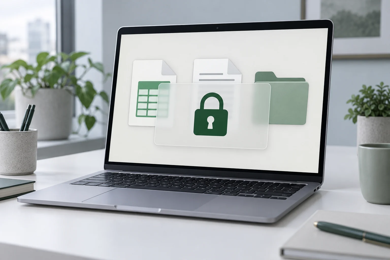 Dokumente auf einem Laptop hinter einer durchsichtigen Abdeckung mit Schlosssymbol.